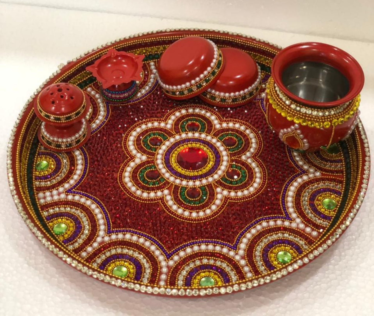 Handmade Premium Pooja Thali Set with Kalash | Decorative Aarti Thali, Diya, Kumkum Holders & Incense Holder | Diwali, Wedding & Housewarming Gift