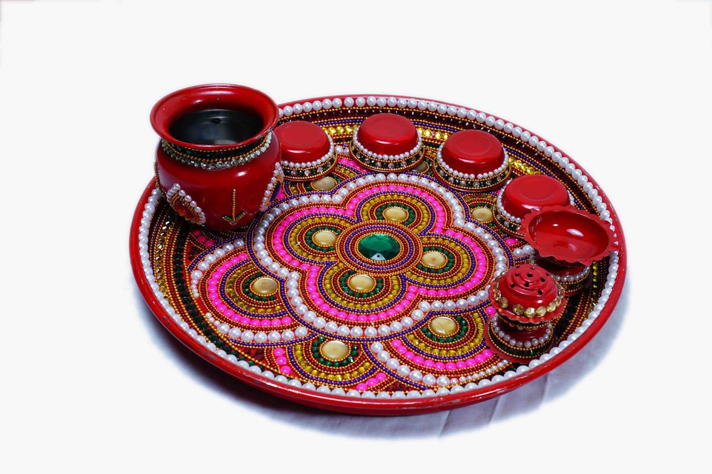 Handmade Designer Pooja Thali Set with Kalash | Decorative Aarti Thali, Diya, Incense Holder & Kumkum Bowls | Diwali, Wedding & Housewarming Gift