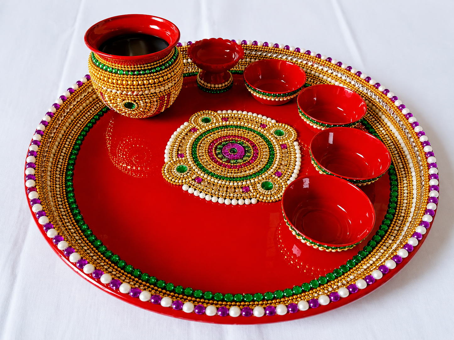 Pearl kundan Pooja Thali Set - Red