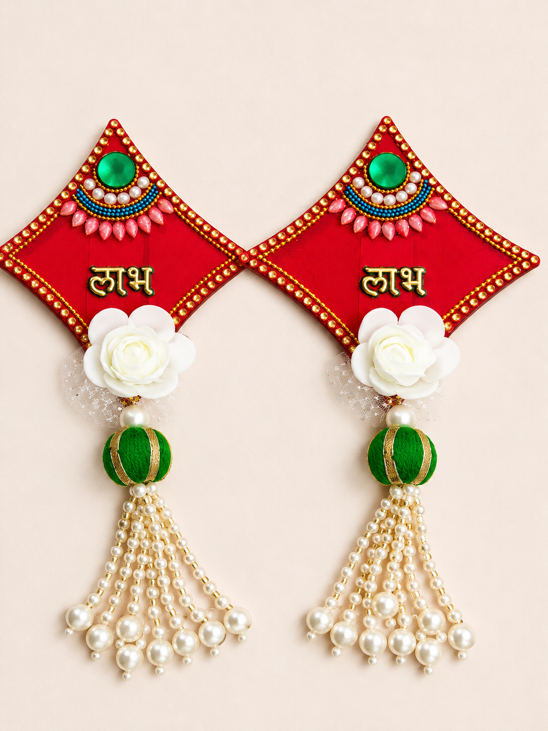 Handmade Red Shubh Labh Wall Hanging | Premium Pearl Door Hanging for Diwali, Wedding & Housewarming