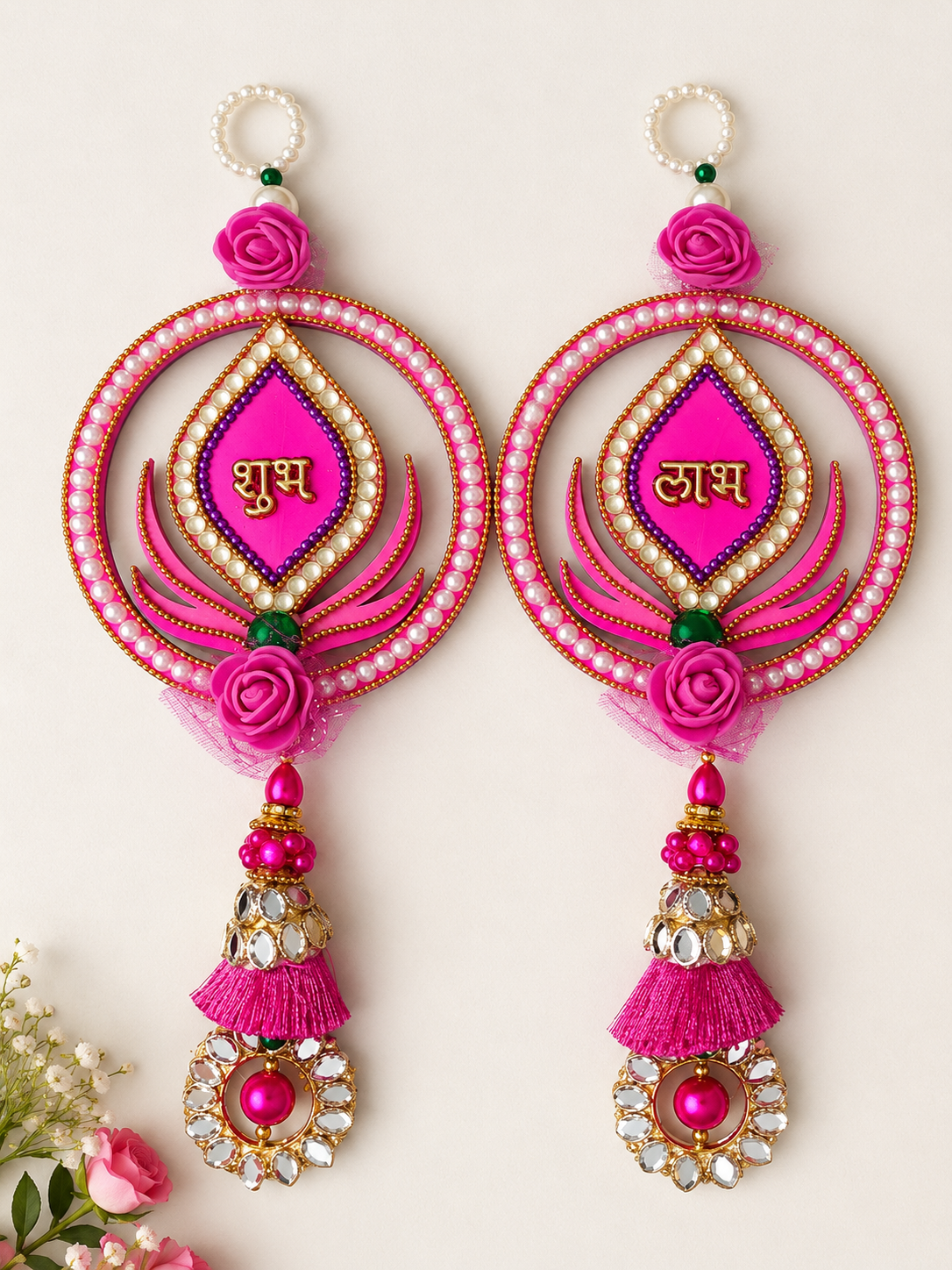 Handmade Pink Shubh Labh Wall Hanging | Premium Decorative Door Hanging for Diwali, Wedding & Housewarming