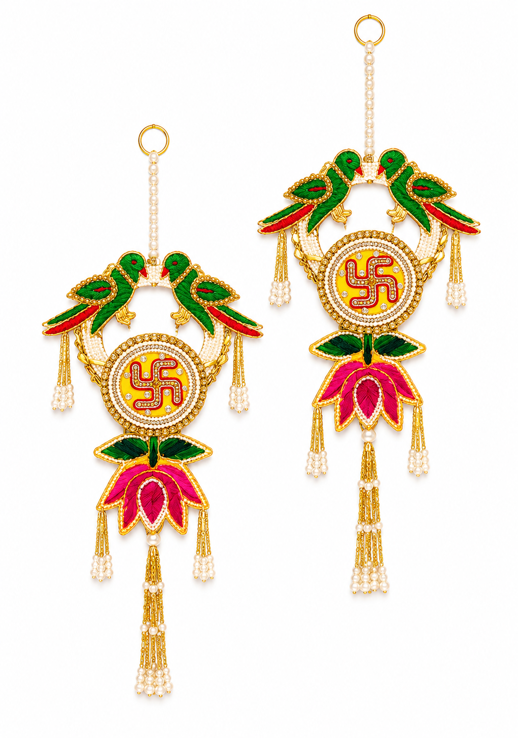 Handmade Parrot Swastik Lotus Door Hanging | Premium Pearl Beaded Main Door Decor | Traditional Wall Hanging for Home | Diwali, Housewarming & Wedding Decoration (Pair)