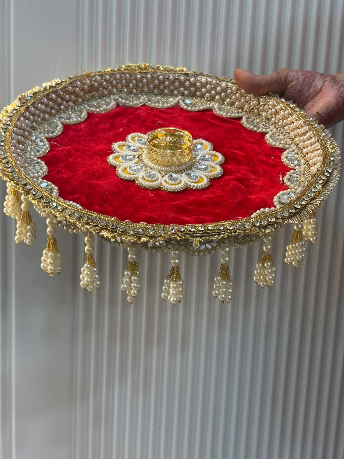 Handcrafted Pearl & Kundan Karwa Chauth Thali Set – Red