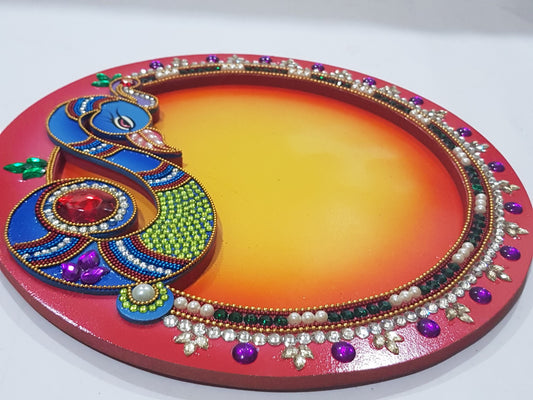 Handmade Peacock Pooja Thali | Decorative Aarti Thali for Festivals | Premium Puja Plate for Diwali, Karwa Chauth & Wedding Rituals