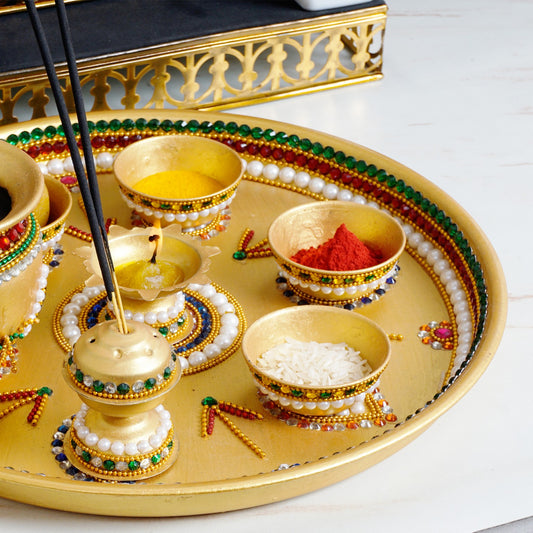 Handmade Premium Stainless Steel Pooja Thali Set (8 Pieces) | Decorative Aarti Thali with Kalash, Diya, Agarbatti Stand & Kumkum Bowls | Festival & Wedding Gift