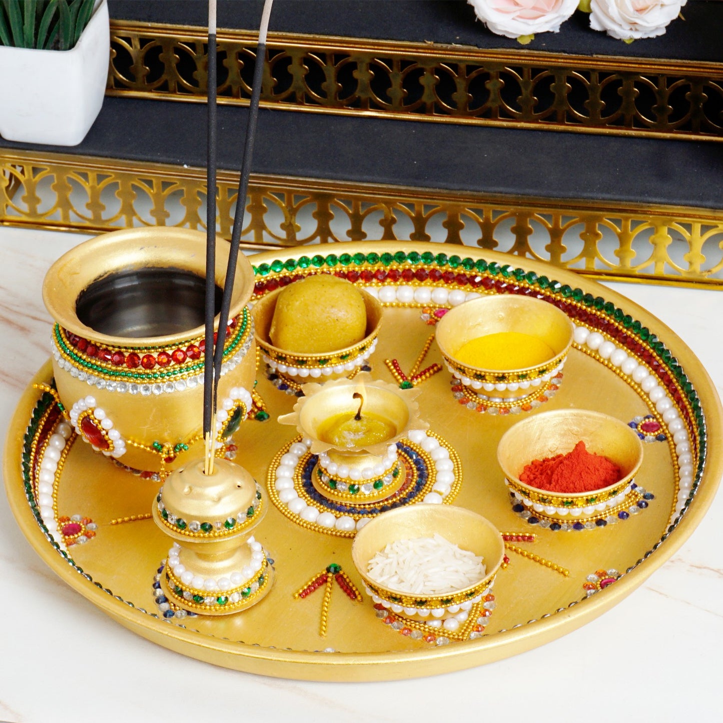 Handmade Premium Stainless Steel Pooja Thali Set (8 Pieces) | Decorative Aarti Thali with Kalash, Diya, Agarbatti Stand & Kumkum Bowls | Festival & Wedding Gift
