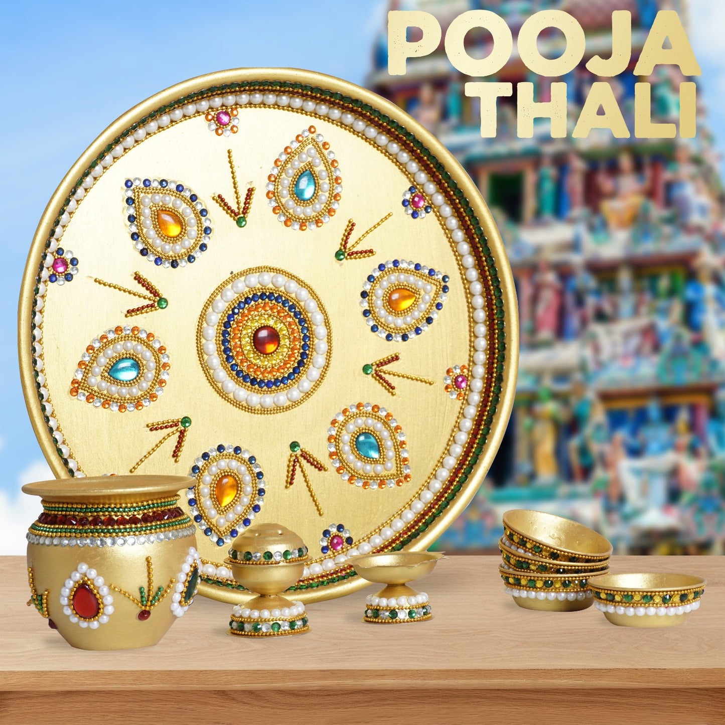 Handmade Premium Stainless Steel Pooja Thali Set (8 Pieces) | Decorative Aarti Thali with Kalash, Diya, Agarbatti Stand & Kumkum Bowls | Festival & Wedding Gift