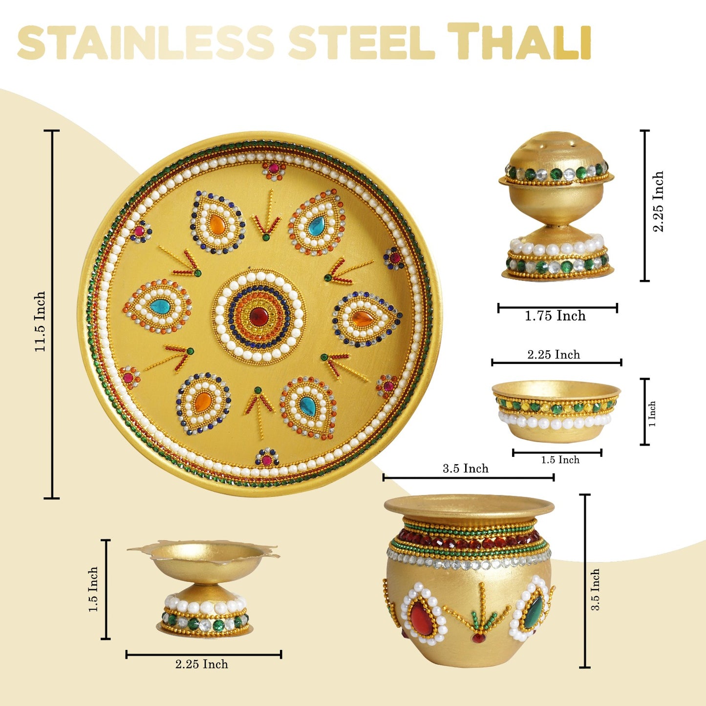 Handmade Premium Stainless Steel Pooja Thali Set (8 Pieces) | Decorative Aarti Thali with Kalash, Diya, Agarbatti Stand & Kumkum Bowls | Festival & Wedding Gift