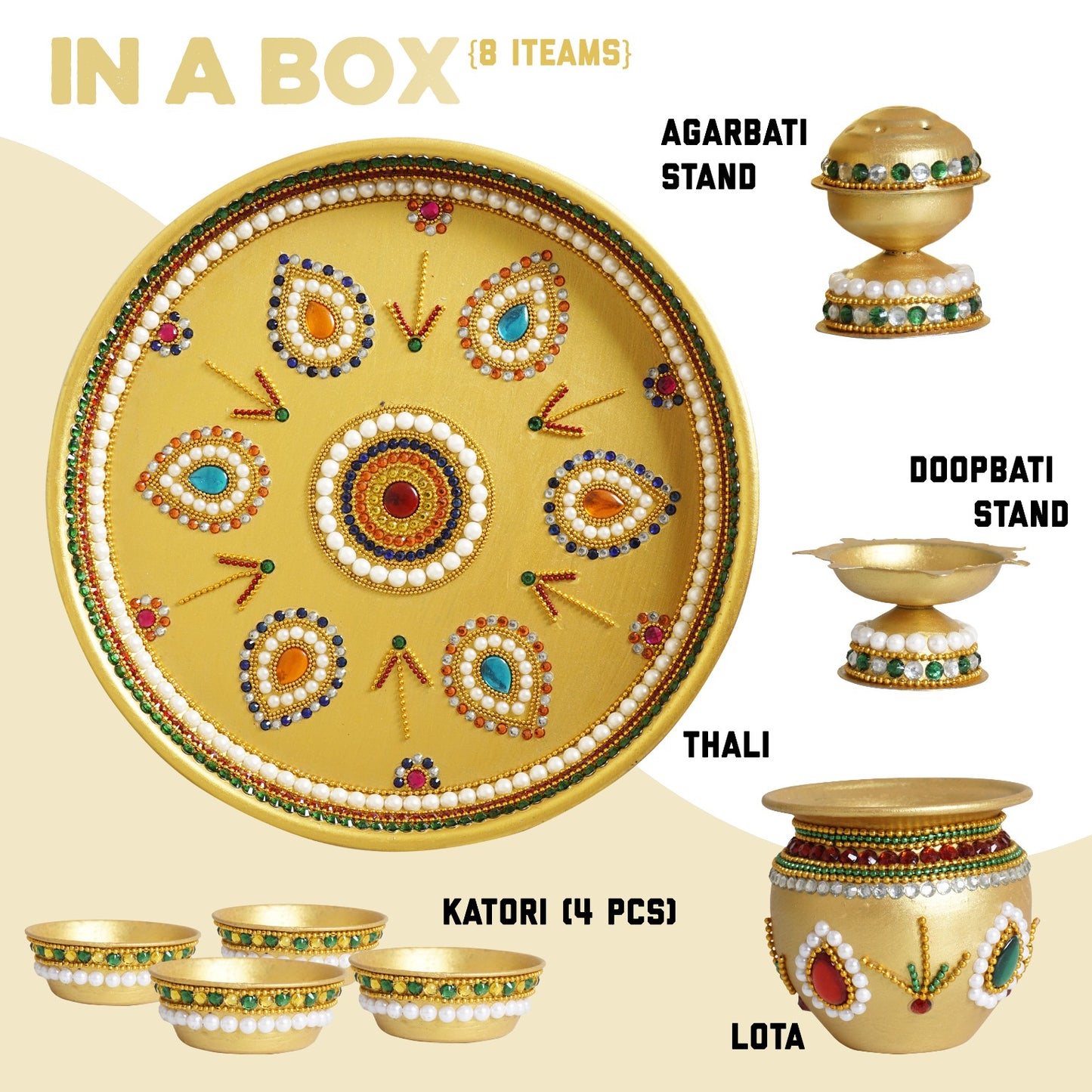 Handmade Premium Stainless Steel Pooja Thali Set (8 Pieces) | Decorative Aarti Thali with Kalash, Diya, Agarbatti Stand & Kumkum Bowls | Festival & Wedding Gift