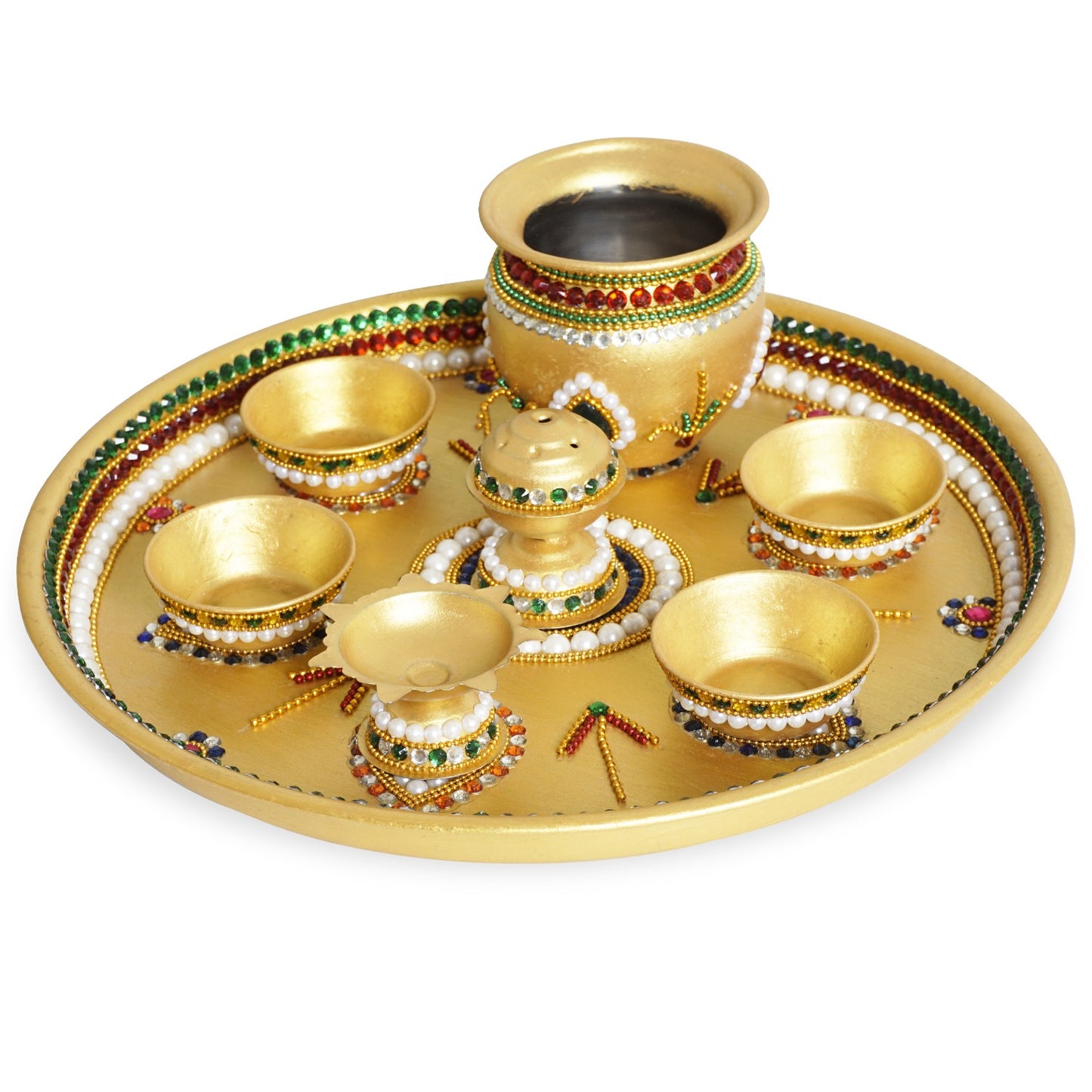 Handmade Premium Stainless Steel Pooja Thali Set (8 Pieces) | Decorative Aarti Thali with Kalash, Diya, Agarbatti Stand & Kumkum Bowls | Festival & Wedding Gift