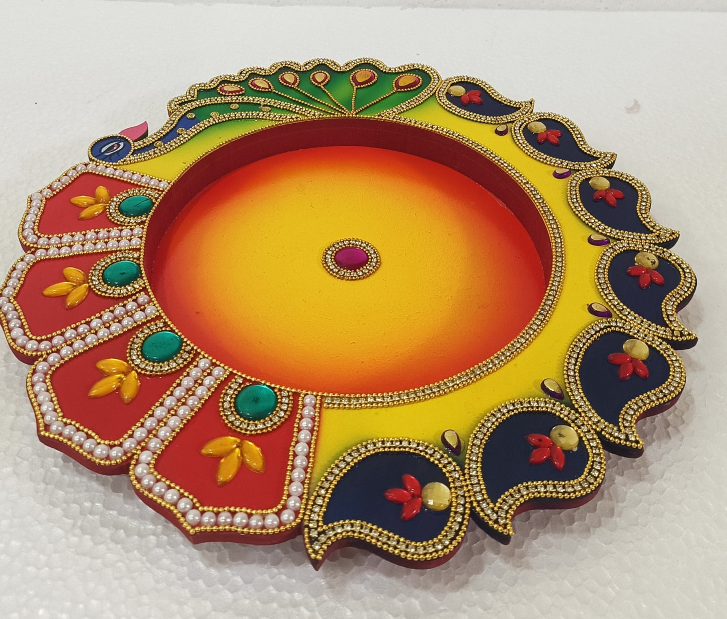 Handmade Peacock Designer Decorative Pooja Thali | Premium MDF Aarti Plate for Diwali, Karwa Chauth & Home Temple