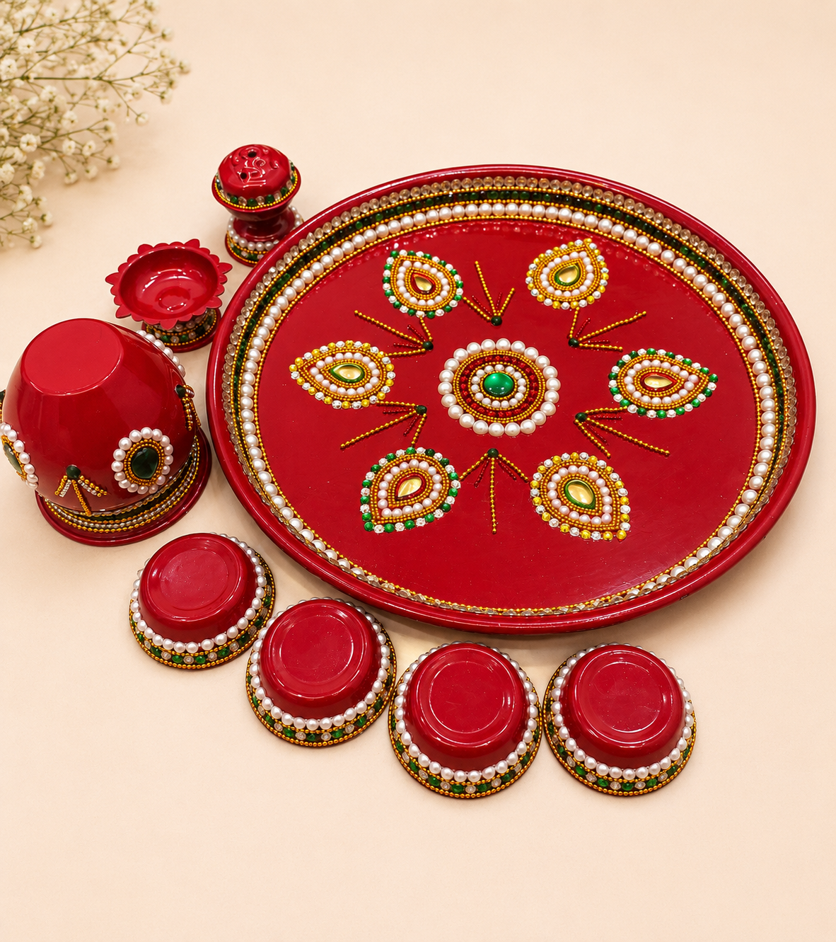 Handmade Pooja Steel Thali Set - Red