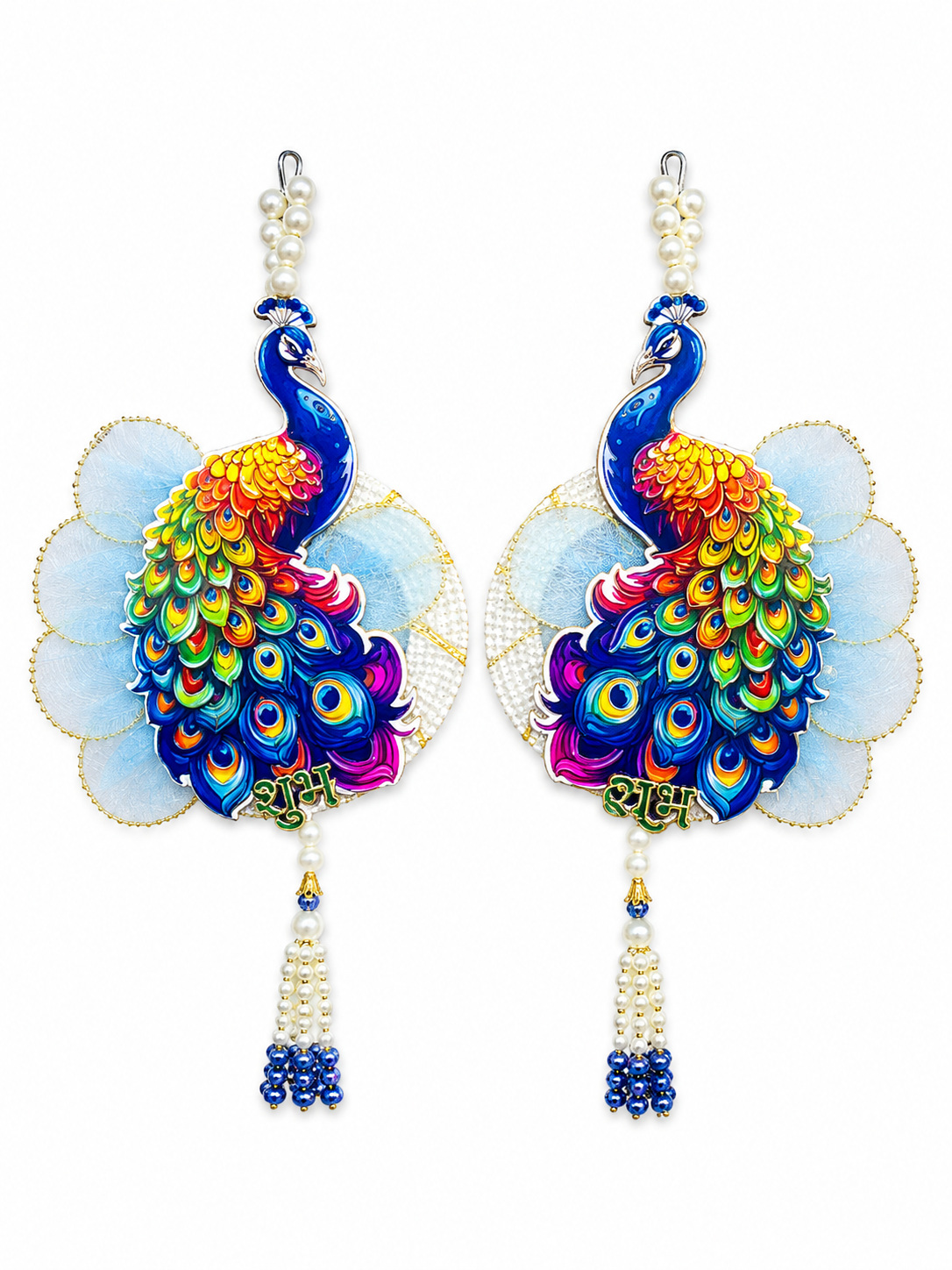 Handmade Peacock Shubh Labh Door Hanging | Premium Pearl Beaded Wall Hanging | Festive Entrance Decor for Home | Diwali, Housewarming & Wedding Decoration (Pair)