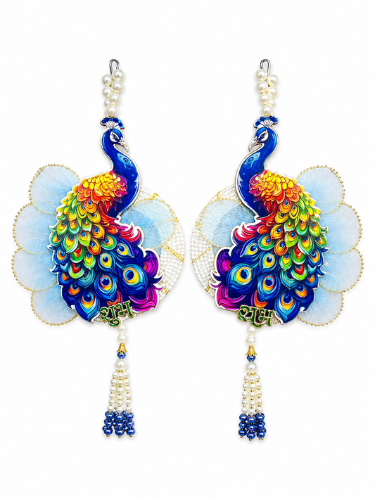 Handmade Peacock Shubh Labh Door Hanging | Premium Pearl Beaded Wall Hanging | Festive Entrance Decor for Home | Diwali, Housewarming & Wedding Decoration (Pair)