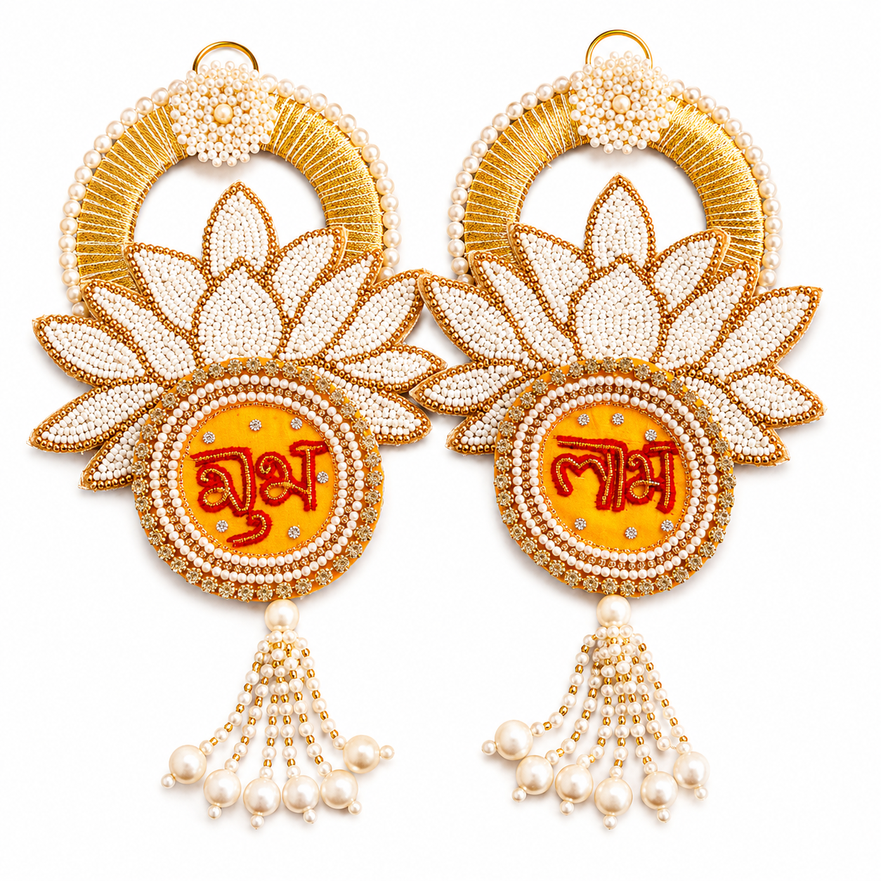 Handmade Lotus Shubh Labh Door Hanging | Premium Pearl Beaded Main Door Decor | Festive Wall Hanging for Home | Diwali, Housewarming & Wedding Decoration (Pair)