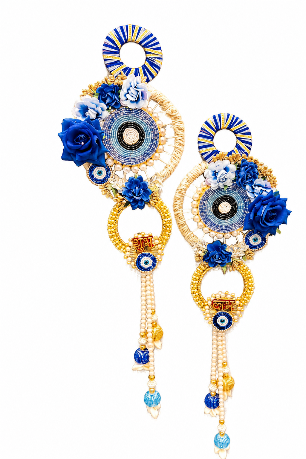 Handmade Evil Eye Shubh Labh Door Hanging | Blue Floral Pearl Beaded Wall Hanging | Premium Main Door Decor | Housewarming, Diwali & Festive Decoration (Pair)