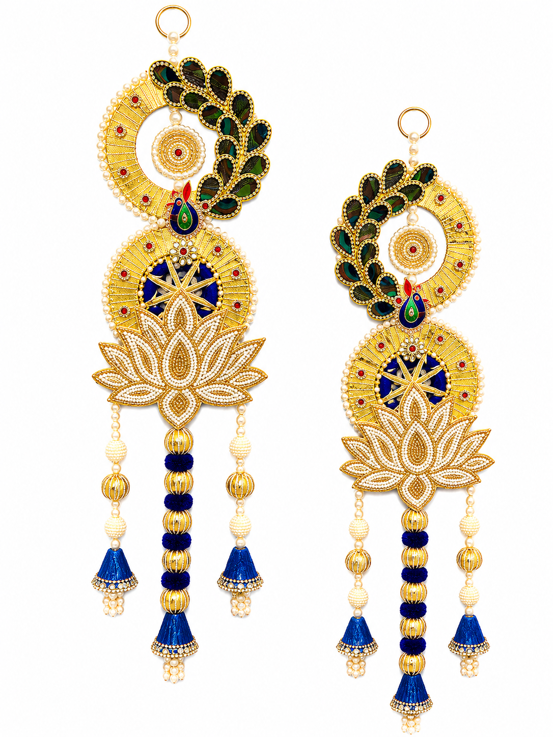 Handmade Peacock Lotus Door Hanging | Premium Blue & Gold Pearl Beaded Wall Hanging | Luxury Main Door Decor | Diwali, Housewarming & Wedding Decoration (Pair)