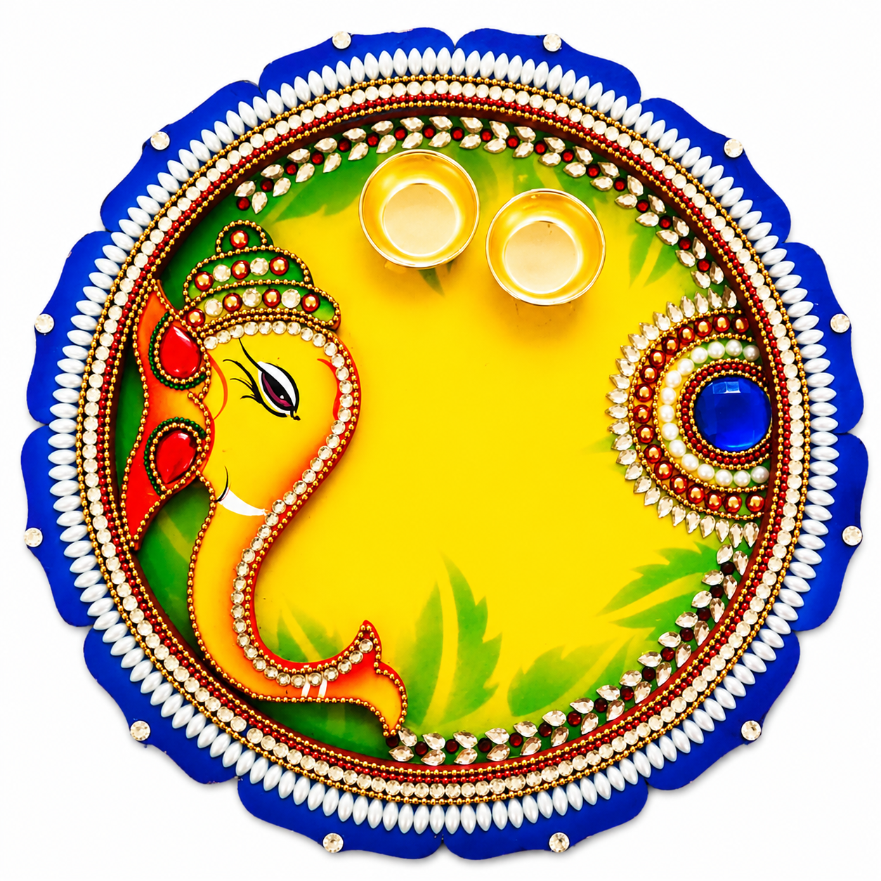 Handmade Ganesha Pooja Thali Set | Designer Aarti Thali with Kumkum Holders | Decorative Puja Plate for Diwali, Ganesh Chaturthi & Wedding Rituals
