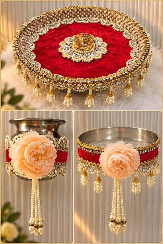 Handcrafted Pearl & Kundan Karwa Chauth Thali Set – Red